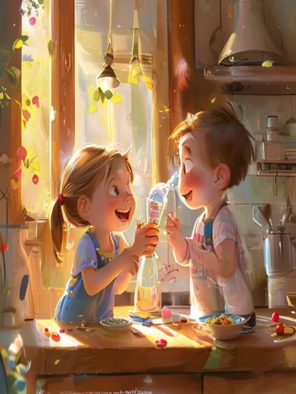 活泼可爱的小朋友在明亮厨房里喝爱威奶，阳光透过窗帘洒落，画面温馨充满活力