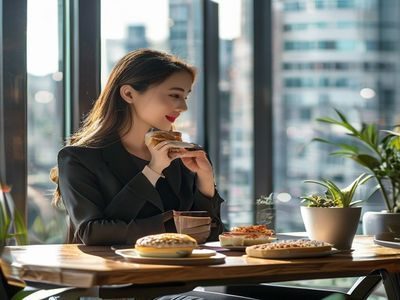 职场女性在整洁办公桌前享用爱威奶搭配全麦面包作为早餐，背景为城市窗景